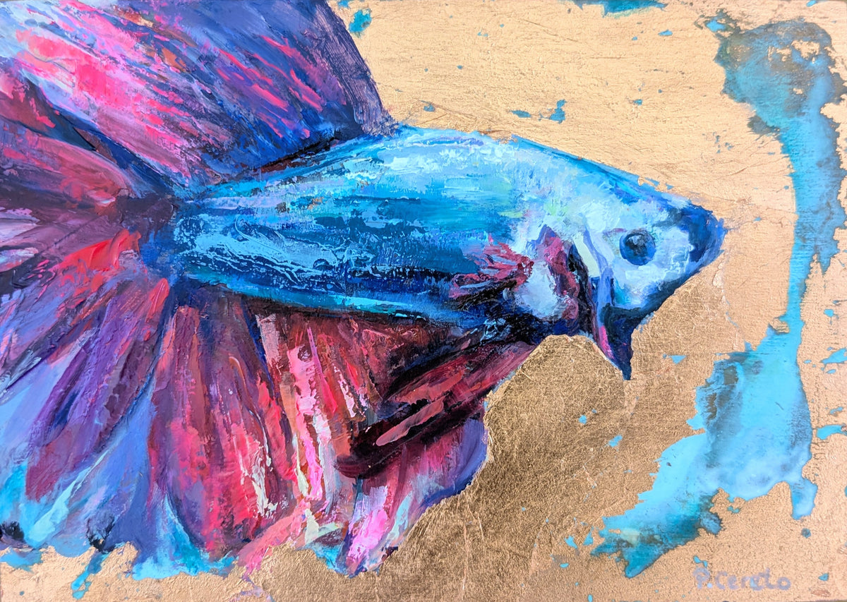 Little Wild One II by Pilar Cereto, original oil and copper leaf painting of a small, brightly coloured fish