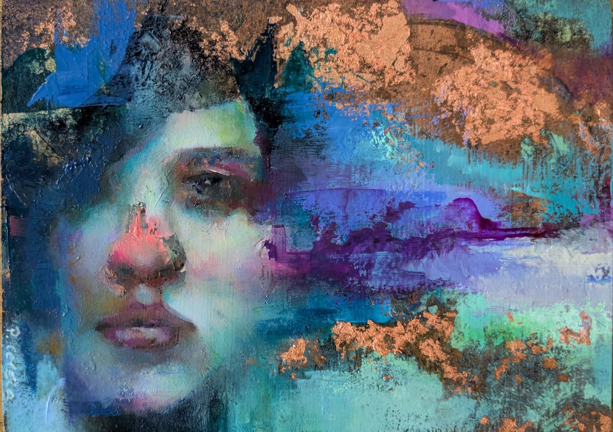Crystal Clear by Pilar Cereto, original oil and copper leaf painting of a figure in crystal-clear water