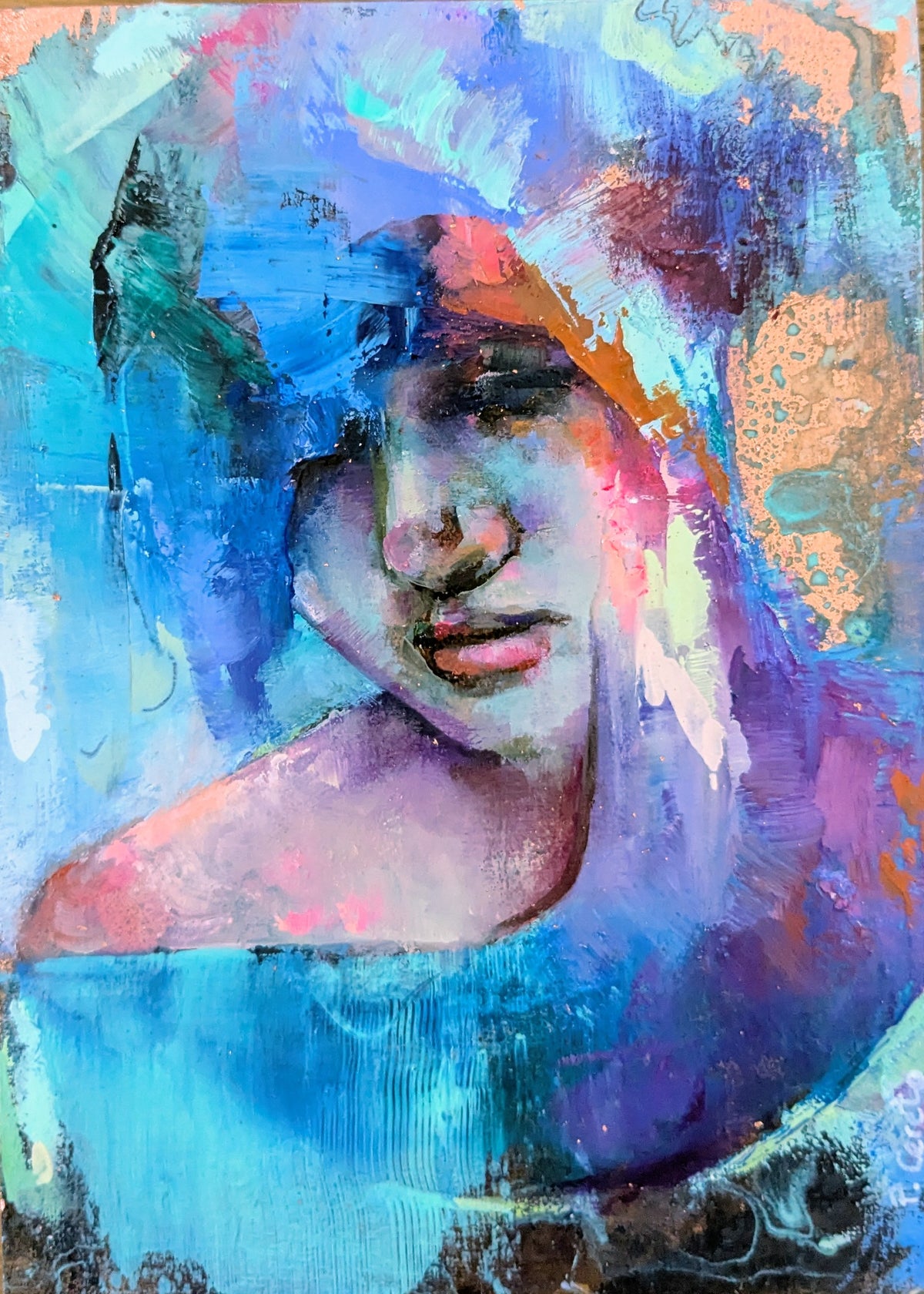The Colour of Silence by Pilar Cereto, small original oil and copper leaf figure painting in rich colour