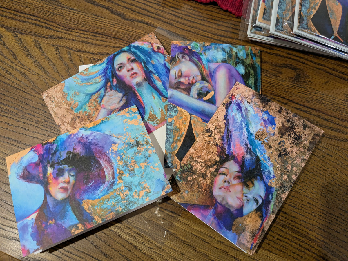 Copper Collection greeting cards Set 2 by Pilar Cereto: four art cards of The Queen of No Shore, Of Salt and Soul, She Holds the Sea and Kaleidoscope