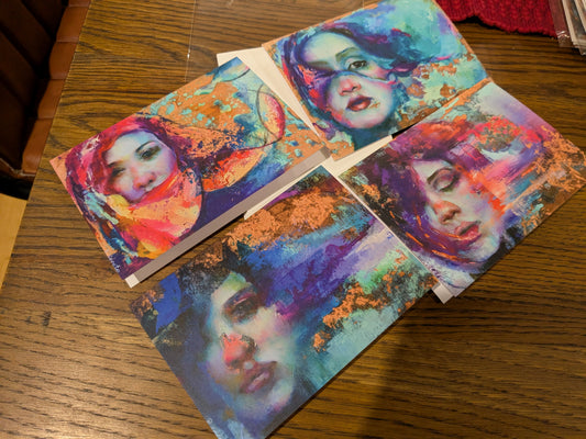 Copper Collection greeting cards Set 3 by Pilar Cereto: four art cards of After the Storm, When the Sea Speaks, Salt on Her Lips and Crystal Clear