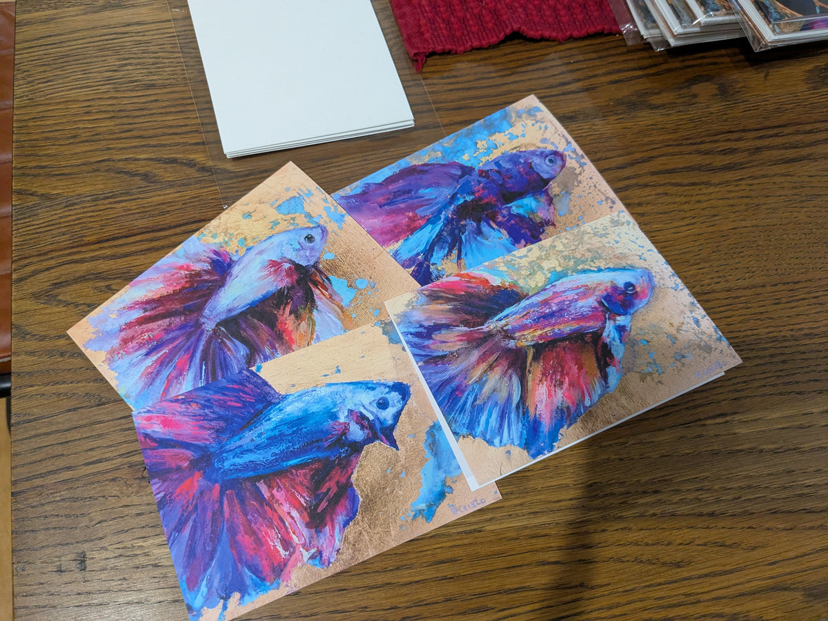 Copper Collection greeting cards Set 1 by Pilar Cereto: four art cards of the Little Wild One fish paintings with envelopes
