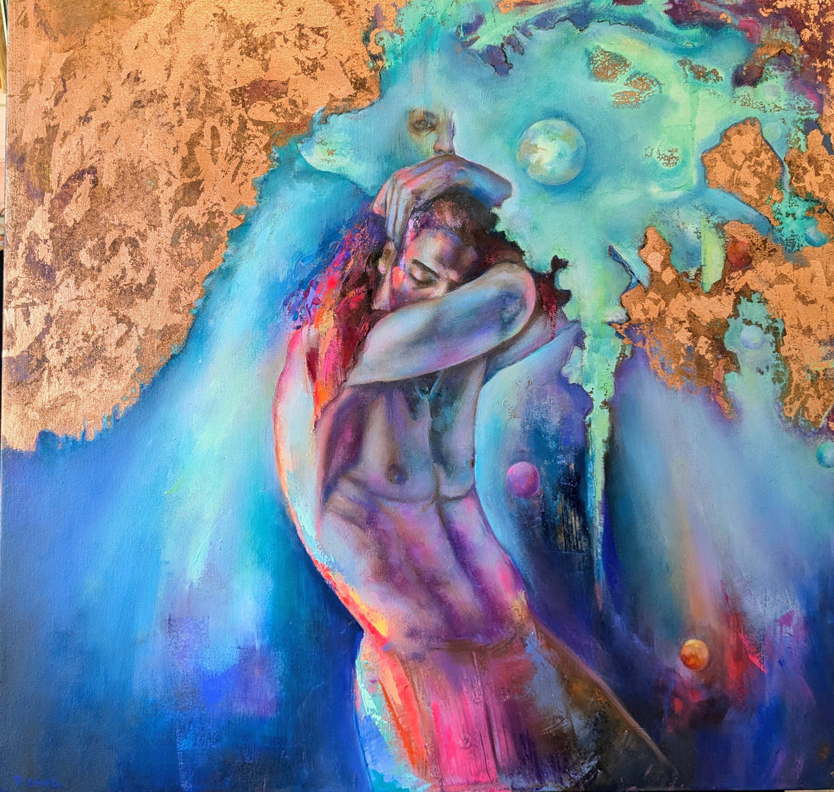 Under Her Bloom by Pilar Cereto, original oil and copper leaf painting of a figure holding Mother Nature close