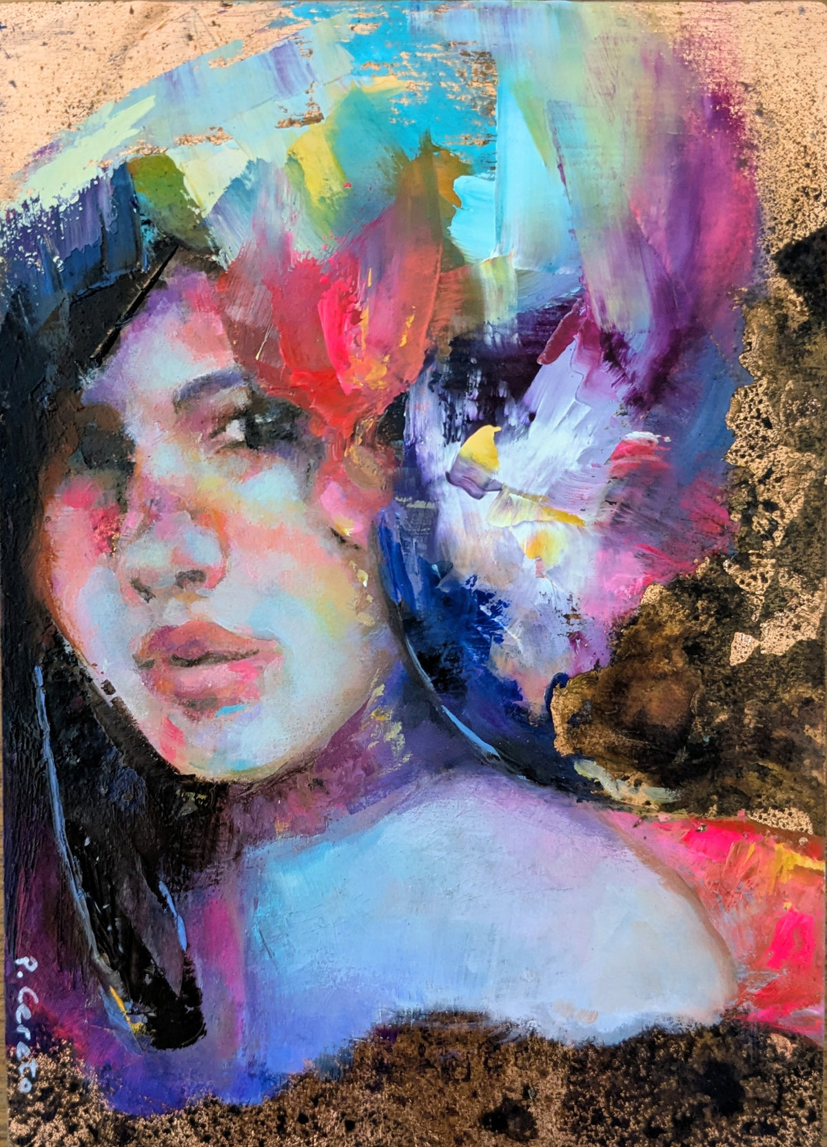 Never Silence by Pilar Cereto, small original oil and copper leaf painting inspired by the sea