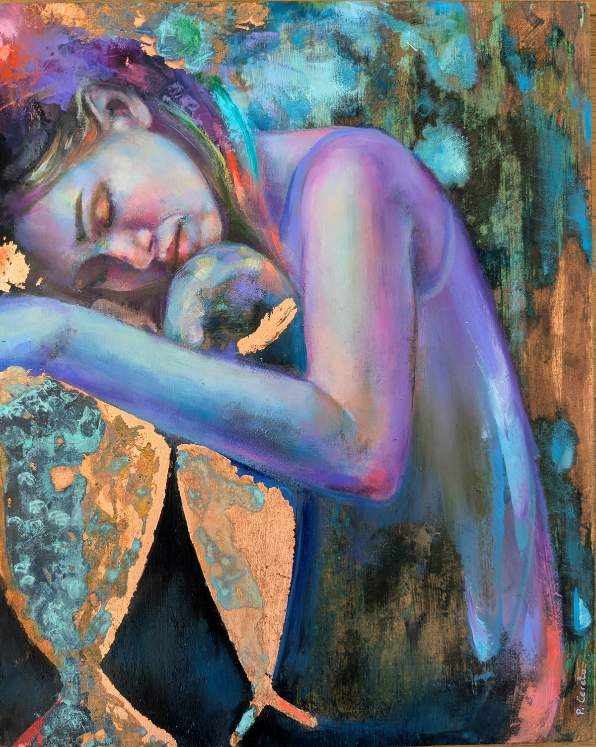 She Holds the Sea by Pilar Cereto, original oil and copper leaf painting of a woman holding fish close