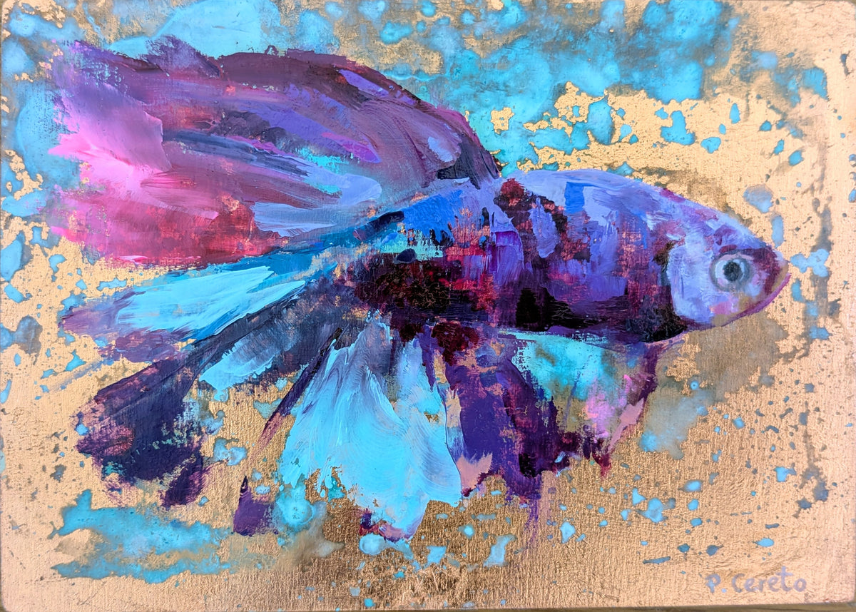 Little Wild One III by Pilar Cereto, original oil and copper leaf painting of a small, brightly coloured fish