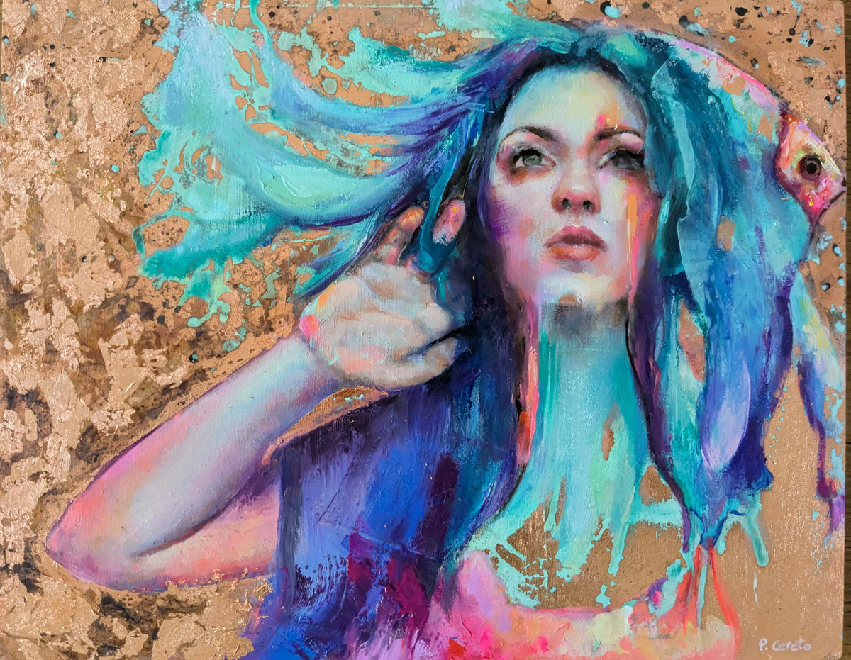 Of Salt and Soul by Pilar Cereto, original oil and copper leaf painting of a woman connected to the sea