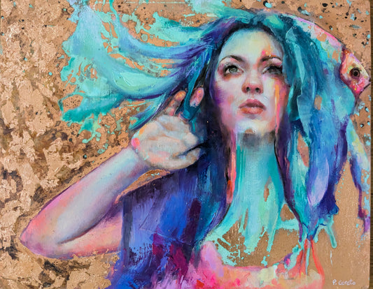 Of Salt and Soul by Pilar Cereto, original oil and copper leaf painting of a woman connected to the sea