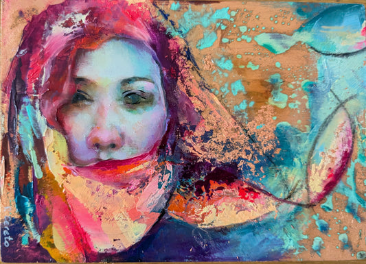 Salt on Her Lips by Pilar Cereto, original oil and copper leaf painting of a girl laughing among the waves