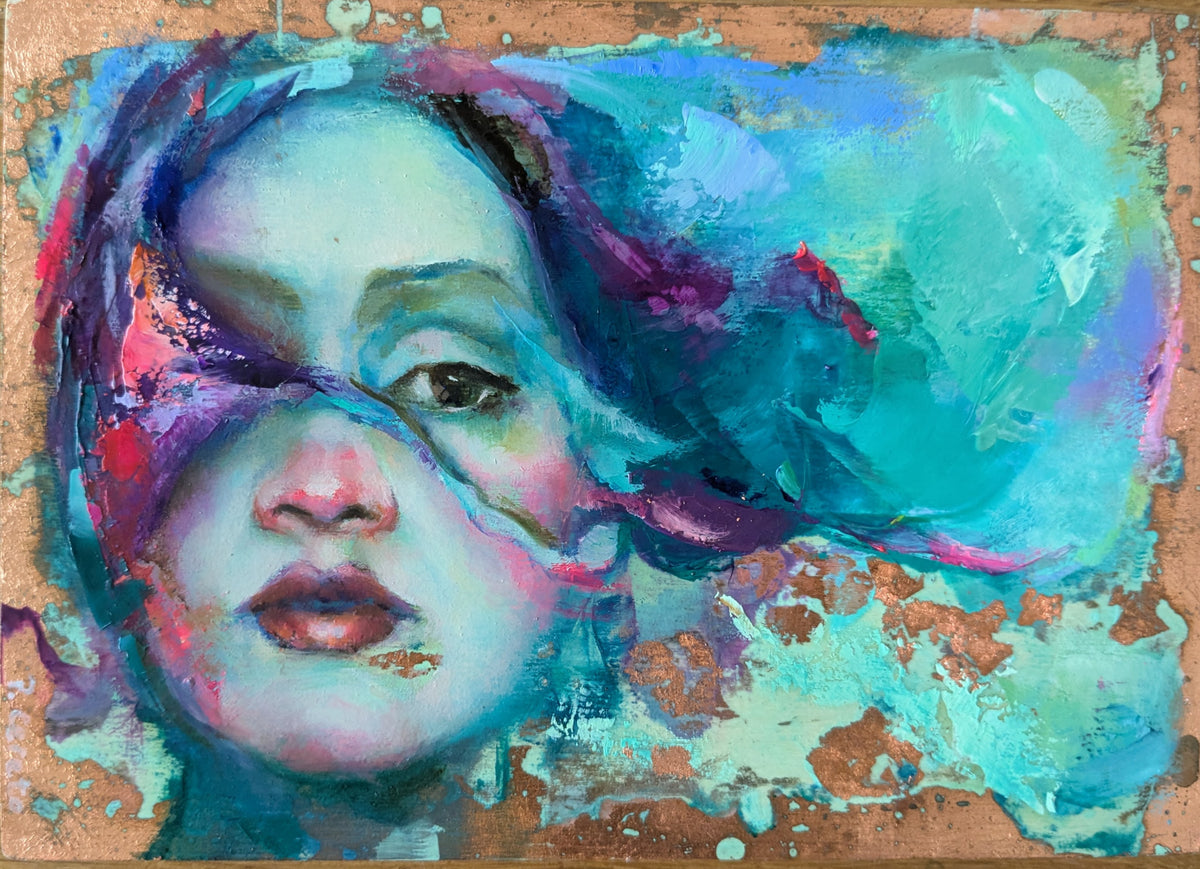 After the Storm by Pilar Cereto, original oil and copper leaf painting inspired by wild waves and the scent of seaweed