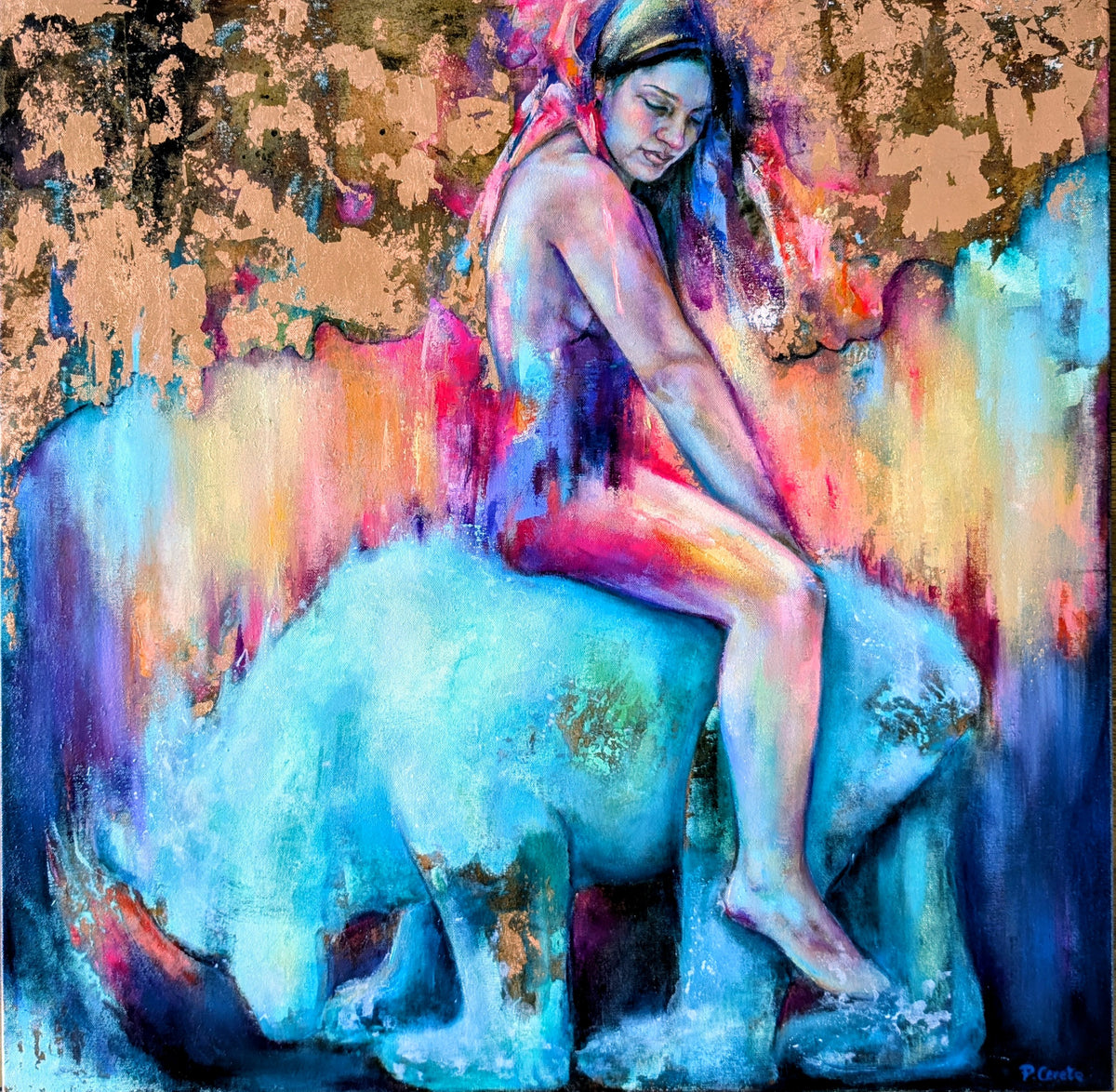 She Is My Bear Now by Pilar Cereto, original oil and copper leaf painting of a figure between sea and land