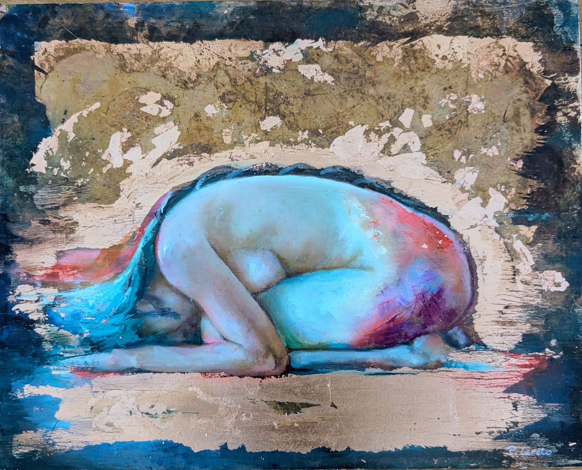 Golden Shell by Pilar Cereto, original oil and copper leaf painting about protection and new beginnings