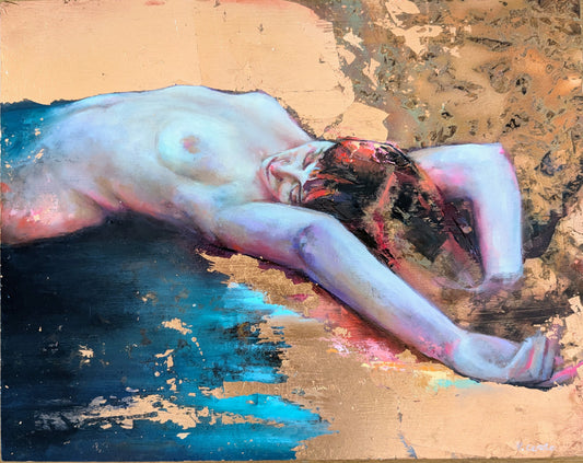 The Shore Holds Her by Pilar Cereto, original oil and copper leaf painting of a woman held by the sea