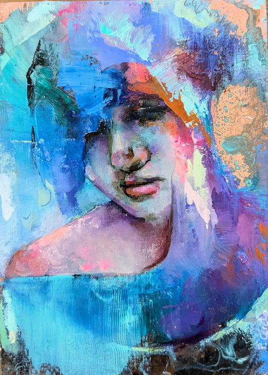 The Colour of Silence by Pilar Cereto, small original oil and copper leaf figure painting in rich colour