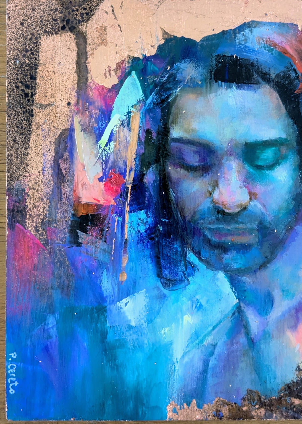 The Last Sea God by Pilar Cereto, original oil and copper leaf painting inspired by Manannán mac Lir, the sea god of Irish mythology