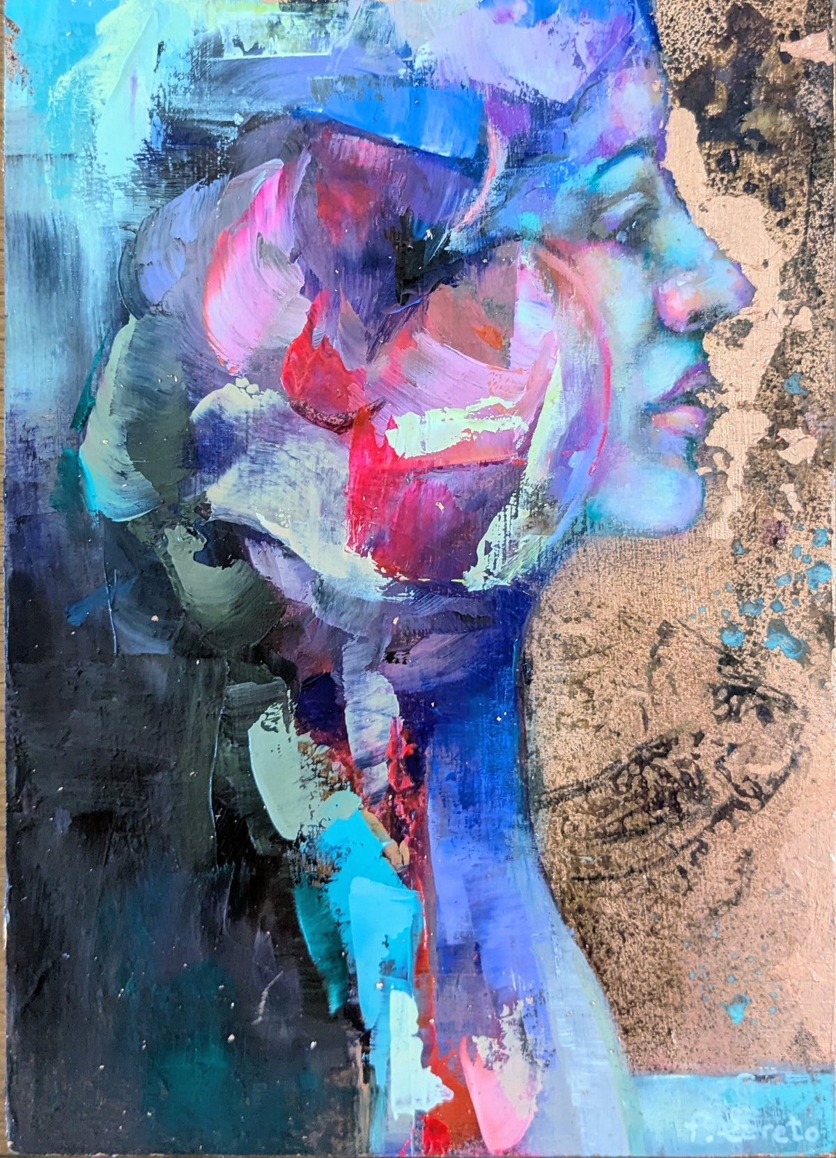 Unwritten by Pilar Cereto, small original oil and copper leaf painting inspired by the sea
