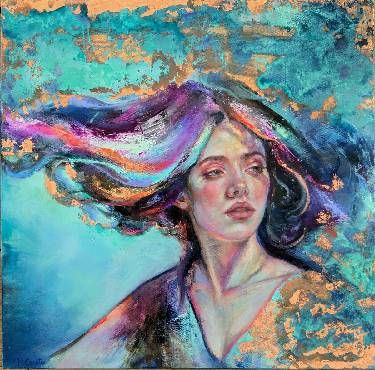 Wild Divinity by Pilar Cereto, original oil and copper leaf painting of a woman with a wild, free spirit