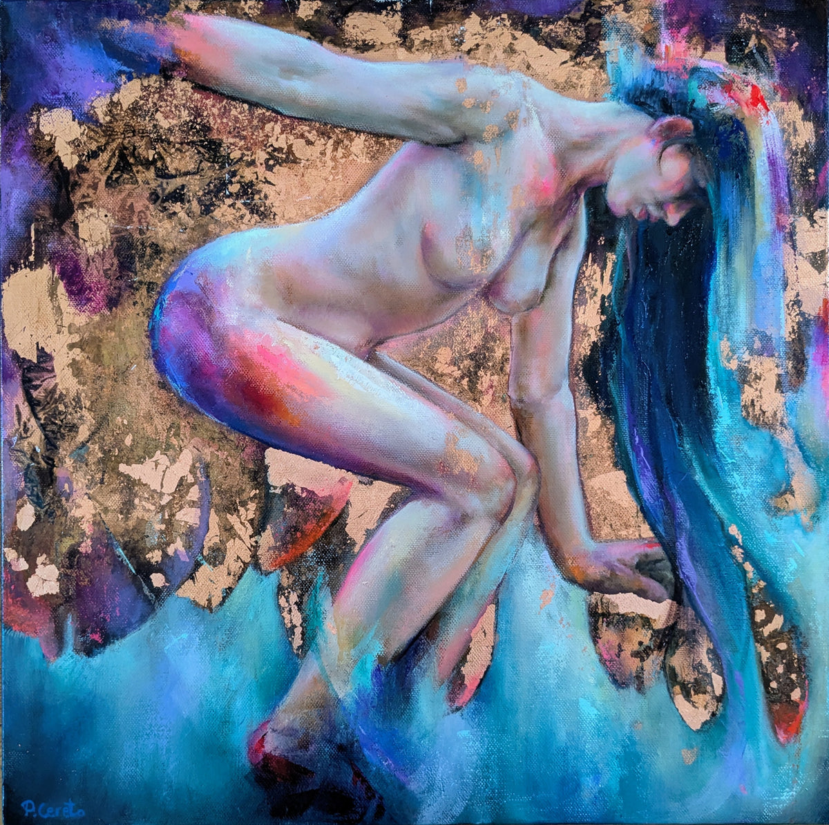 The Sea Knows My Name by Pilar Cereto, original oil and copper leaf painting of a woman answering the call of the sea
