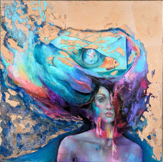 The Keeper of Secrets by Pilar Cereto, original oil and copper leaf painting of a woman holding the secrets of the sea