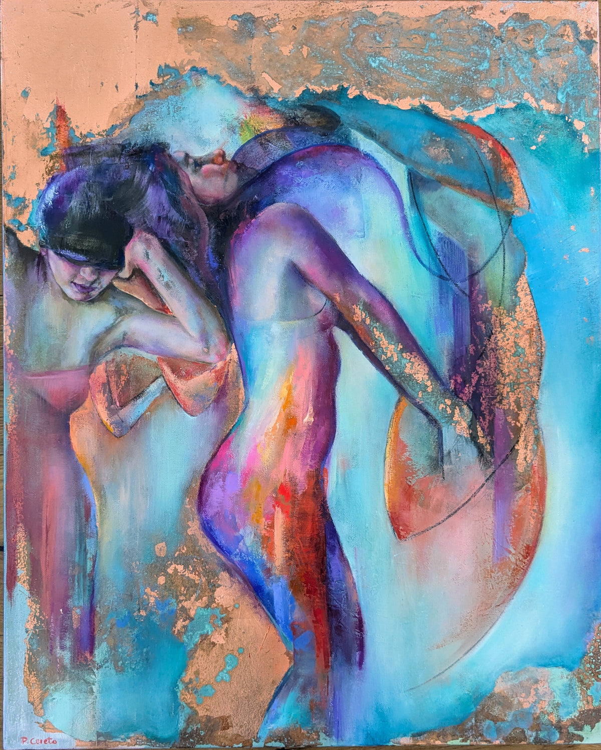 Where Gravity Ends by Pilar Cereto, original oil and copper leaf painting of a woman swimming freely underwater
