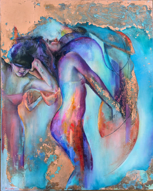 Where Gravity Ends by Pilar Cereto, original oil and copper leaf painting of a woman swimming freely underwater