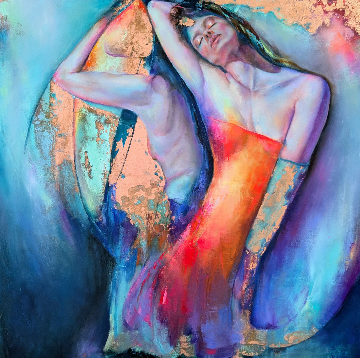Sun Kissed by Pilar Cereto, original oil and copper leaf painting of a woman in warm summer sun by the sea