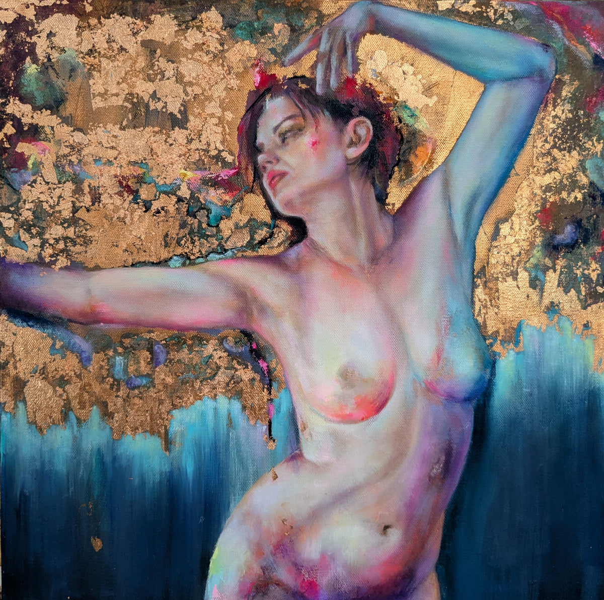 Blue Rhapsody by Pilar Cereto, original oil and copper leaf painting of a woman dancing with the rhythm of the sea
