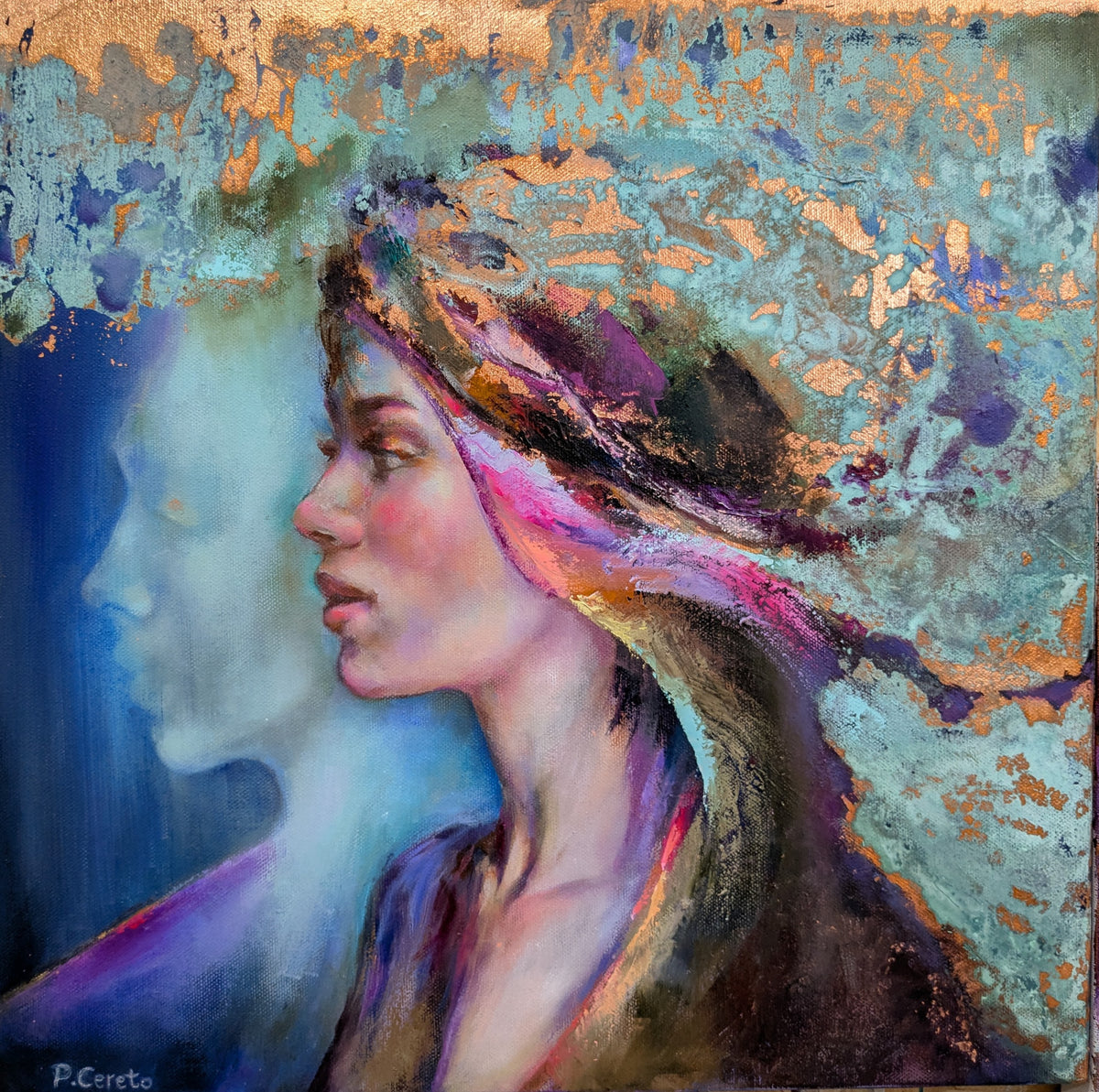 Her Echo by Pilar Cereto, original oil and copper leaf painting of a woman and her reflection emerging from the water